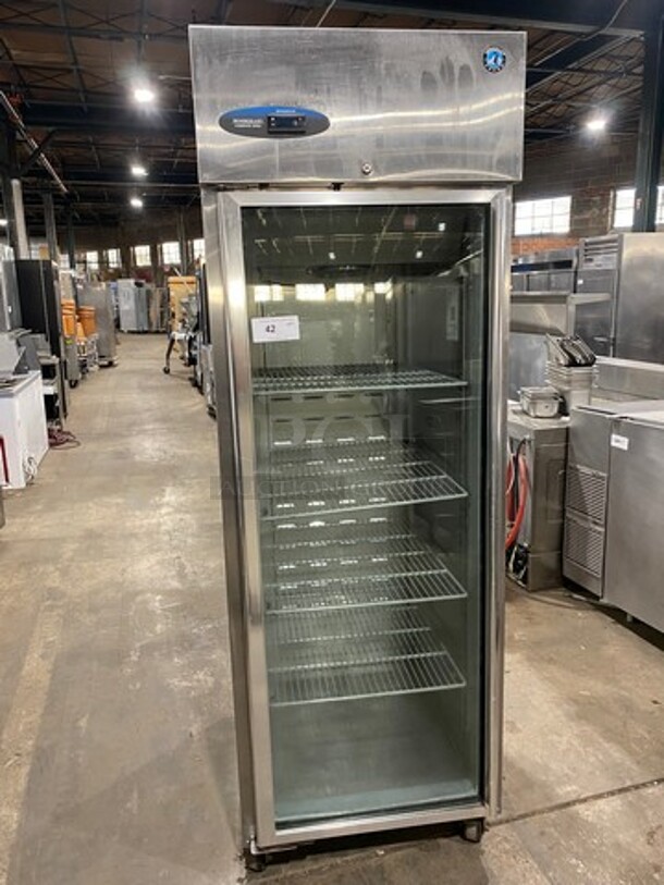 Hoshizaki Commercial Single Door Reach In Cooler! With View Through Door! Poly Coated Racks! Stainless Steel Body! On Casters! Model: CR1SFGECL SN: H50321G 115V 60HZ 1 Phase