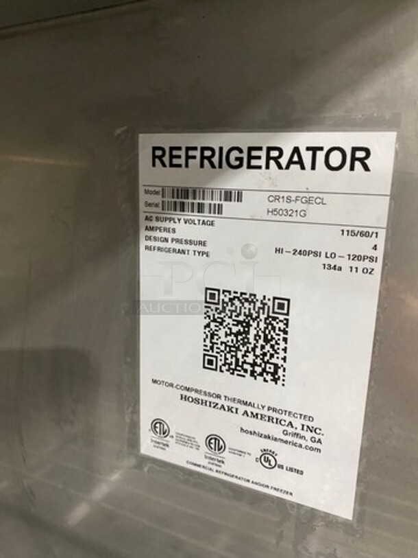 Hoshizaki Commercial Single Door Reach In Cooler! With View Through Door! Poly Coated Racks! Stainless Steel Body! On Casters! Model: CR1SFGECL SN: H50321G 115V 60HZ 1 Phase - Image 7 of 9