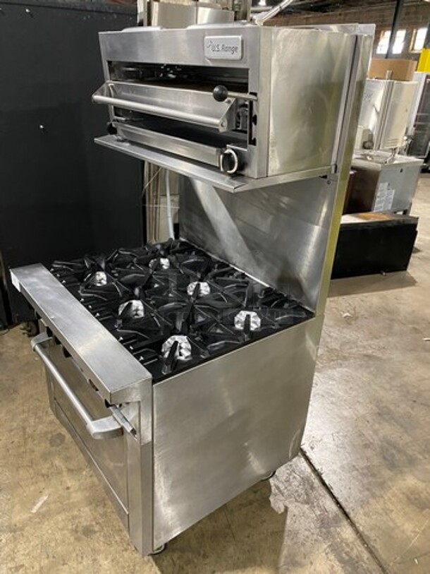 US Range Commercial Natural Gas Powered 6 Burner Stove! With Raised Back Splash And Salamander! With Oven Underneath! All Stainless Steel! On Casters! - Image 2 of 10