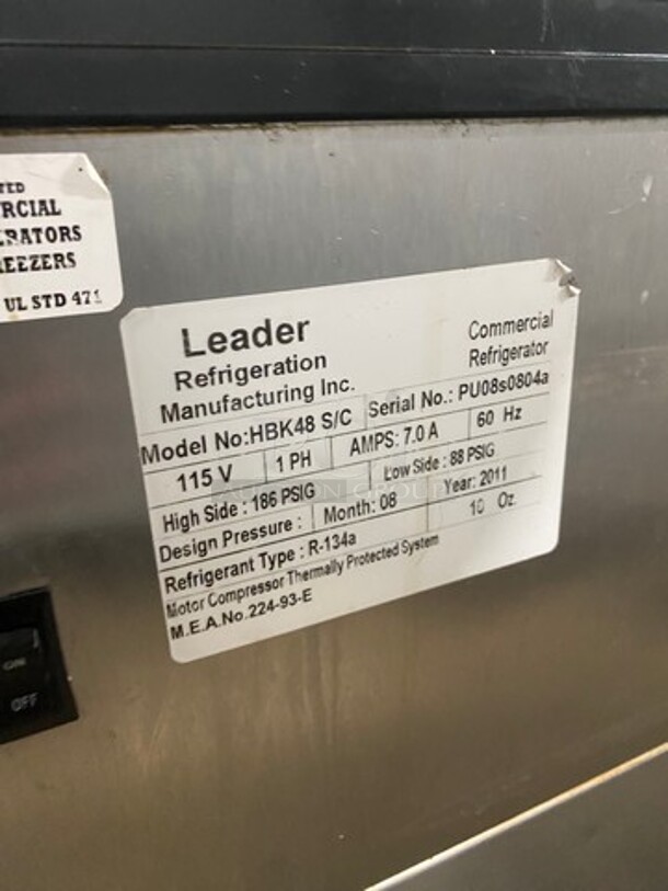 2011 Leader Commercial Refrigerated Deli/ Bakery Display Case Merchandiser! With Straight Front Glass! With Rear Access Doors! Stainless Steel Outline! Model: HBK48SC SN: PU08S0804A 115V 60HZ 1 Phase - Image 7 of 9
