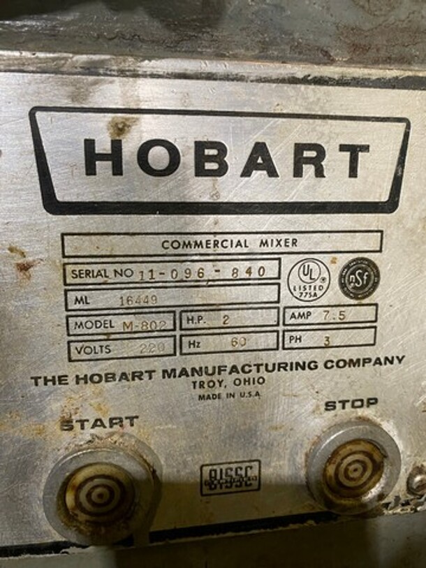 Hobart Commercial Floor Style 80QT Planetary Mixer! With Mixing Bowl! With Spiral Hook Attachment! Model: M802 SN: 11096840 220V 60HZ 3 Phase - Image 7 of 12