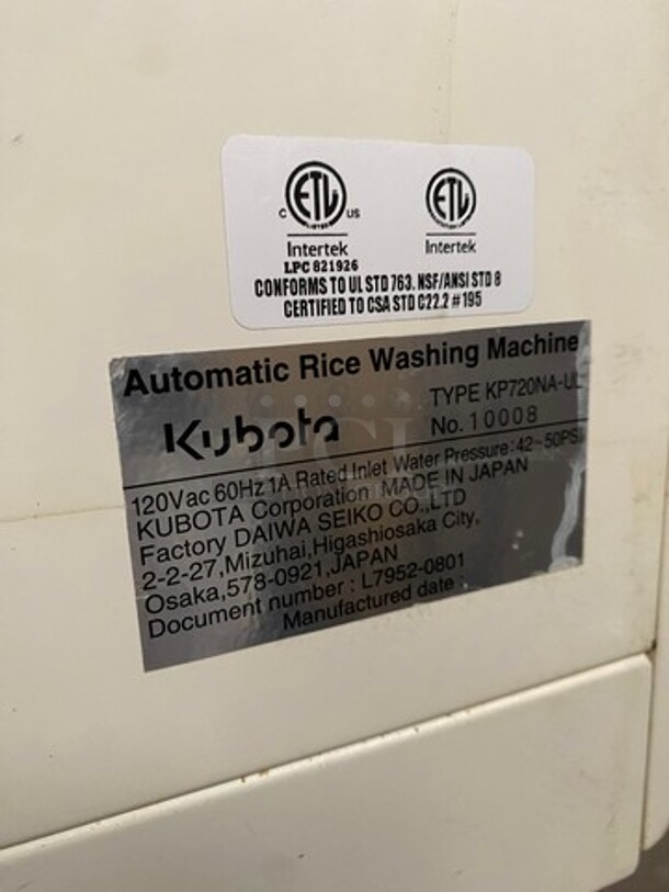 Kubota Commercial Automatic Rice Washing Machine! Model: KP720NA-UL SN: 10008 120V - Image 8 of 10