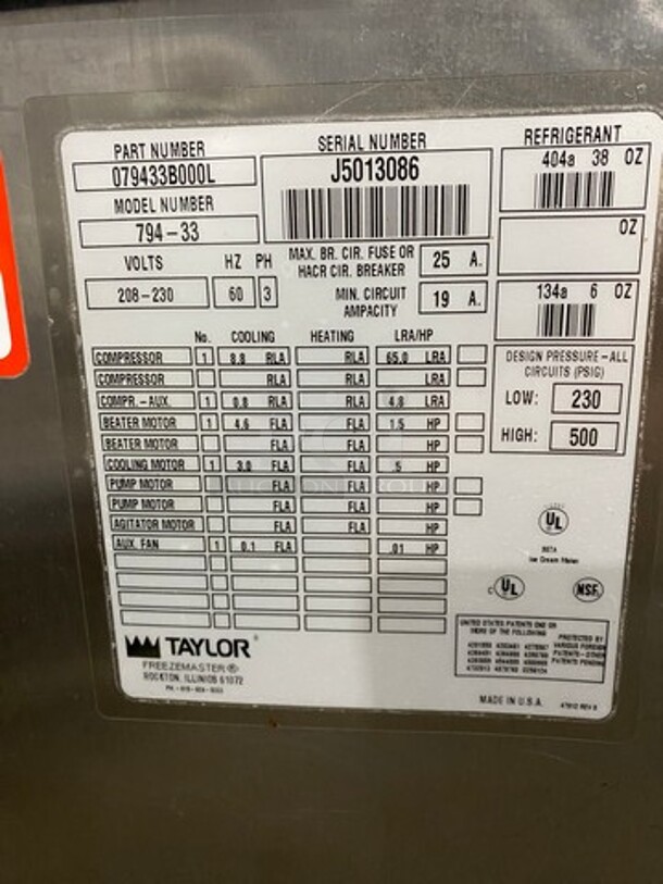 Taylor Commercial 3 Flavor Soft Serve Ice Cream Machine! All Stainless Steel! On Casters! Model: 79433 SN: J5013086 208/230V 60HZ 3 Phase - Image 10 of 11