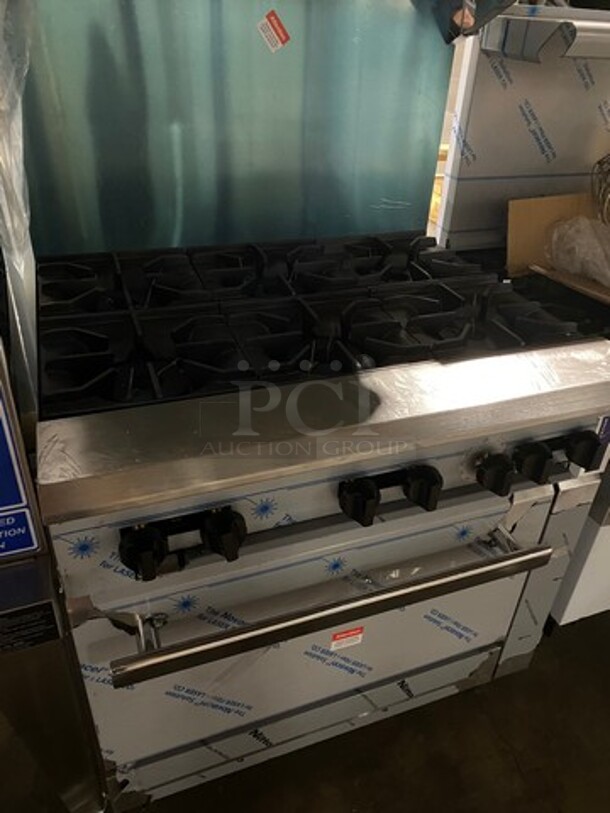 WOW! BRAND NEW! Rocket Commercial Natural Gas Powered 6 Burner Stove! With Raised Back Splash And Salamander Shelf! With Oven Underneath! All Stainless Steel! On Legs! - Image 6 of 10