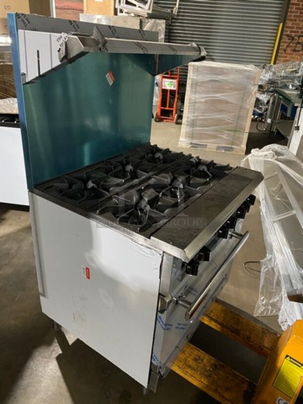 WOW! BRAND NEW! Rocket Commercial Natural Gas Powered 6 Burner Stove! With Raised Back Splash And Salamander Shelf! With Oven Underneath! All Stainless Steel! On Legs! - Image 7 of 10