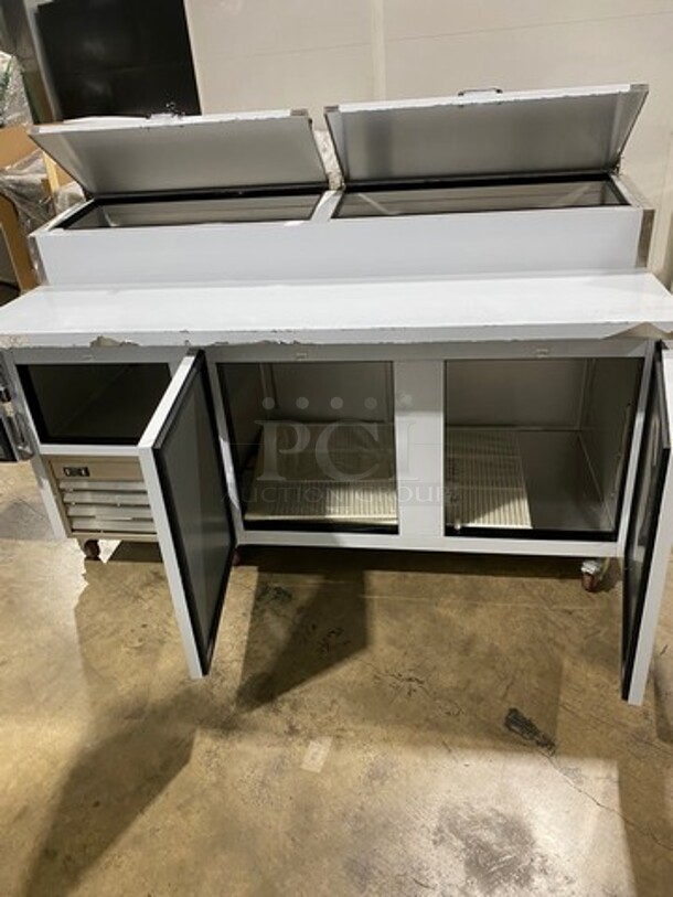 NEW! NEVER USED! LATE MODEL! 2020 Leader Commercial Refrigerated Pizza Prep Table! With 3 Door Storage Space Underneath! All Stainless Steel! On Casters! Model: ESPT72 SN: NF11J2191NW 115V 60HZ 1 Phase - Image 5 of 10
