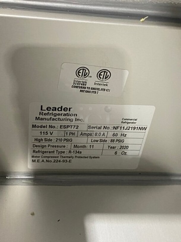 NEW! NEVER USED! LATE MODEL! 2020 Leader Commercial Refrigerated Pizza Prep Table! With 3 Door Storage Space Underneath! All Stainless Steel! On Casters! Model: ESPT72 SN: NF11J2191NW 115V 60HZ 1 Phase - Image 9 of 10