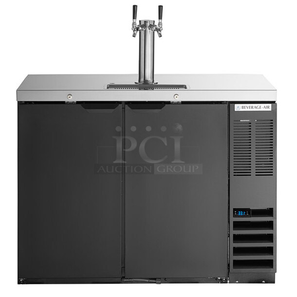 BRAND NEW SCRATCH AND DENT! Beverage-Air DD48HC-1-B Commercial Black Kegerator Beer Dispenser With 2 Keg Capacity, 2 Stainless Steel Taps And Commercial Casters.  115V, 1 Phase. Tested and Working! - Image 1 of 9