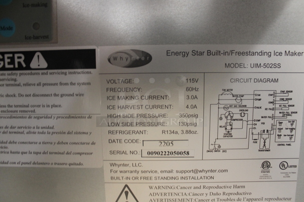 BRAND NEW SCRATCH AND DENT! Whynter UIM-502SS Built-In/ Freestanding Ice Maker With 50lb. Capacity. 115V. Tested And Working! - Image 7 of 7