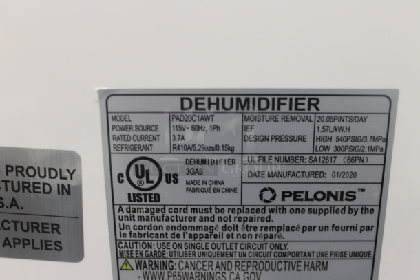 BRAND NEW SCRATCH AND DENT! Pelonis PAD20C1AWT 20.5 Pint White Dehumidifier. 115V, 1 Phase. Tested And Working!  - Image 6 of 6