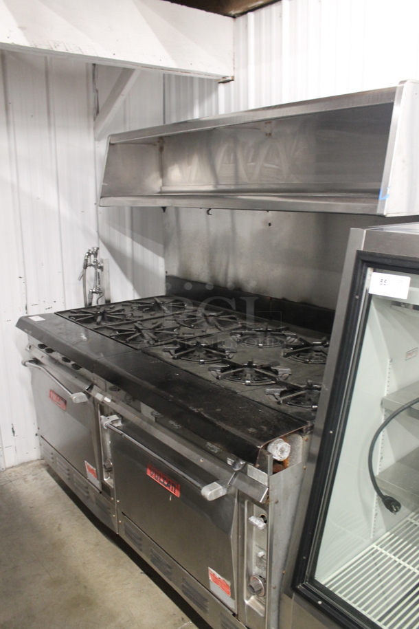 Vulcan Commercial Stainless Steel Natural Gas Powered 10 Burner Gas Range With Overshelf, 2 Ovens And Steel Racks. - Image 1 of 10
