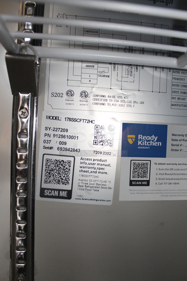 BRAND NEW SCRATCH AND DENT! Avantco 178SSCFT72HC Commercial Stainless Steel Refrigerated Salad Bar/Cold Food Table On Commercial Casters. 115V. Tested and Working!
 - Image 9 of 12