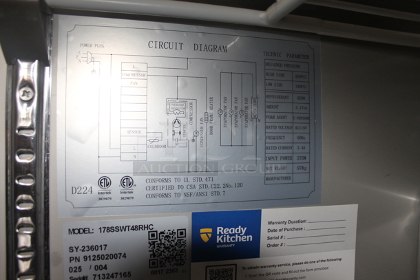 BRAND NEW SCRATCH AND DENT! Avantco 178SSWT48RHC Commercial Stainless Steel 2-Door Worktop Cooler With Backsplash And Polycoated Shelves On Commercial Casters. 115V. Tested and Powers On But Does Not Get Cold
 - Image 7 of 9