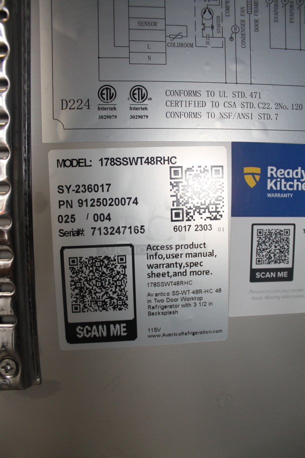 BRAND NEW SCRATCH AND DENT! Avantco 178SSWT48RHC Commercial Stainless Steel 2-Door Worktop Cooler With Backsplash And Polycoated Shelves On Commercial Casters. 115V. Tested and Powers On But Does Not Get Cold
 - Image 8 of 9