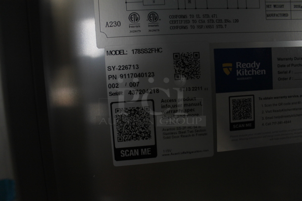 BRAND NEW SCRATCH AND DENT! Avantco 178SS2FHC Commercial Stainless Steel Two Door Reach-In Freezer On Commercial Casters. 115V. Tested and Working! - Image 8 of 11