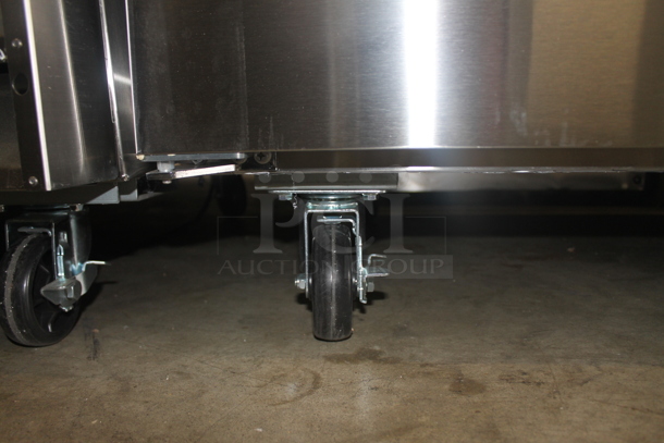 BRAND NEW SCRATCH AND DENT! Avantco 178SSWT48RHC Commercial Stainless Steel 2-Door Worktop Cooler With Backsplash And Polycoated Shelves On Commercial Casters. 115V. Tested and Powers On But Does Not Get Cold
 - Image 9 of 9