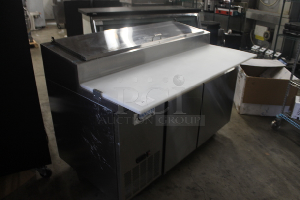 BRAND NEW SCRATCH AND DENT! Avantco 178SSPPT260 Commercial Stainless Steel 2-Door Refrigerated Pizza Prep Table With Polycaoted Shelves On Commercial Casters. 115V. Tested and Does Not Power On - Image 2 of 9