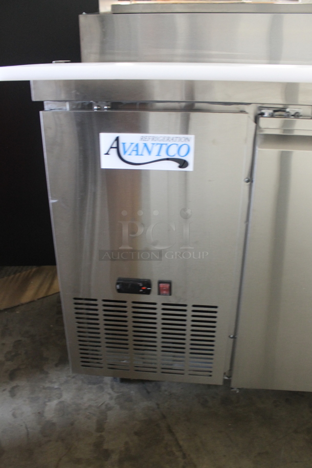 BRAND NEW SCRATCH AND DENT! Avantco 178SSPPT260 Commercial Stainless Steel 2-Door Refrigerated Pizza Prep Table With Polycaoted Shelves On Commercial Casters. 115V. Tested and Does Not Power On - Image 5 of 9