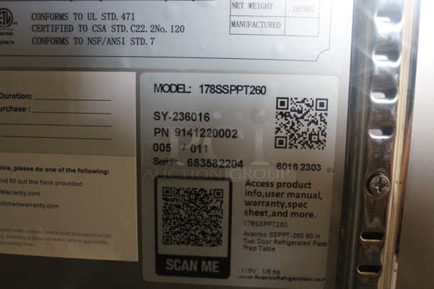 BRAND NEW SCRATCH AND DENT! Avantco 178SSPPT260 Commercial Stainless Steel 2-Door Refrigerated Pizza Prep Table With Polycaoted Shelves On Commercial Casters. 115V. Tested and Does Not Power On - Image 8 of 9
