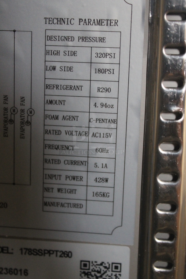 BRAND NEW SCRATCH AND DENT! Avantco 178SSPPT260 Commercial Stainless Steel 2-Door Refrigerated Pizza Prep Table With Polycaoted Shelves On Commercial Casters. 115V. Tested and Does Not Power On - Image 9 of 9