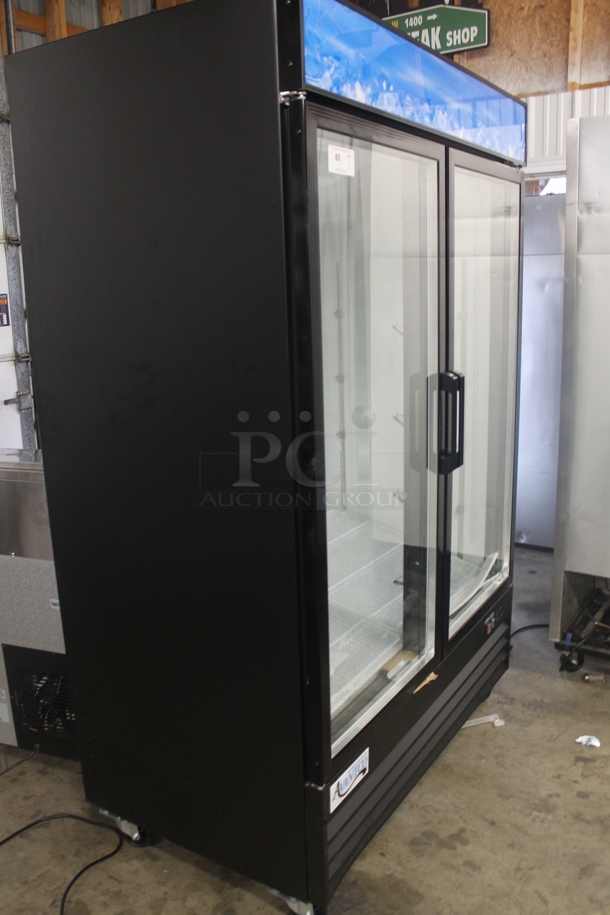 BRAND NEW SCRATCH AND DENT! Avantco 178GDC49HCB Commercial Black Swing Glass Door Merchandiser Cooler With Polycoated Shelves And LED Lighting On Commercial Casters. 115V. Tested and Working! - Image 2 of 8