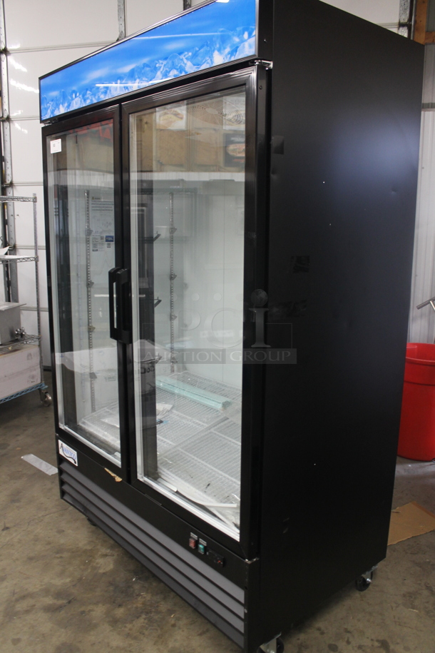 BRAND NEW SCRATCH AND DENT! Avantco 178GDC49HCB Commercial Black Swing Glass Door Merchandiser Cooler With Polycoated Shelves And LED Lighting On Commercial Casters. 115V. Tested and Working! - Image 3 of 8