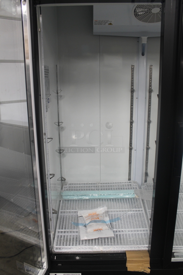 BRAND NEW SCRATCH AND DENT! Avantco 178GDC49HCB Commercial Black Swing Glass Door Merchandiser Cooler With Polycoated Shelves And LED Lighting On Commercial Casters. 115V. Tested and Working! - Image 4 of 8