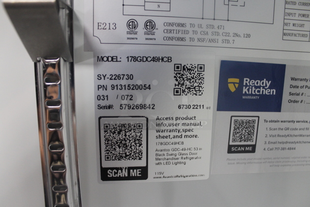 BRAND NEW SCRATCH AND DENT! Avantco 178GDC49HCB Commercial Black Swing Glass Door Merchandiser Cooler With Polycoated Shelves And LED Lighting On Commercial Casters. 115V. Tested and Working! - Image 7 of 8