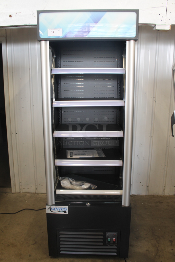 BRAND NEW SCRATCH AND DENT! Avantco 189BVAC28HC Commercial Black Vertical Open Air Merchandiser Cooler. Outside Glass Pane Is Broken, See Picture. 110-120V. Tested and Working! - Image 1 of 12