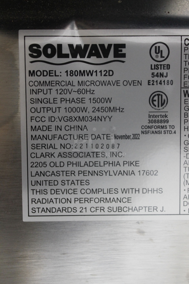 2022 Solwave 180MW112D Commercial Stainless Steel Microwave Oven. 120V, 1 Phase.  - Image 6 of 6