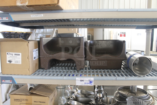 ALL ONE MONEY! Lot of Booster Seats, Ice Scoopers, Glass Carafes, Box of Plastic Handwoven Round Baskets, Drink Pitcher, Round Steel Plates, Creamer Servers With Lids, Hand Sanitizer, Box of Anti-Bacterial, Drinking Glasses, Toilet Tissue Dispenser, Menu Board, Baking Sheets AND MORE! Does Not Include Metro Shelf. - Image 5 of 12