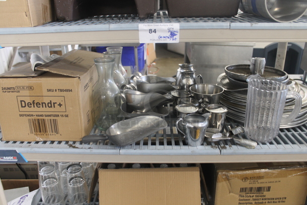 ALL ONE MONEY! Lot of Booster Seats, Ice Scoopers, Glass Carafes, Box of Plastic Handwoven Round Baskets, Drink Pitcher, Round Steel Plates, Creamer Servers With Lids, Hand Sanitizer, Box of Anti-Bacterial, Drinking Glasses, Toilet Tissue Dispenser, Menu Board, Baking Sheets AND MORE! Does Not Include Metro Shelf. - Image 6 of 12