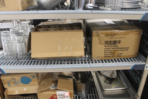 ALL ONE MONEY! Lot of Booster Seats, Ice Scoopers, Glass Carafes, Box of Plastic Handwoven Round Baskets, Drink Pitcher, Round Steel Plates, Creamer Servers With Lids, Hand Sanitizer, Box of Anti-Bacterial, Drinking Glasses, Toilet Tissue Dispenser, Menu Board, Baking Sheets AND MORE! Does Not Include Metro Shelf. - Image 8 of 12