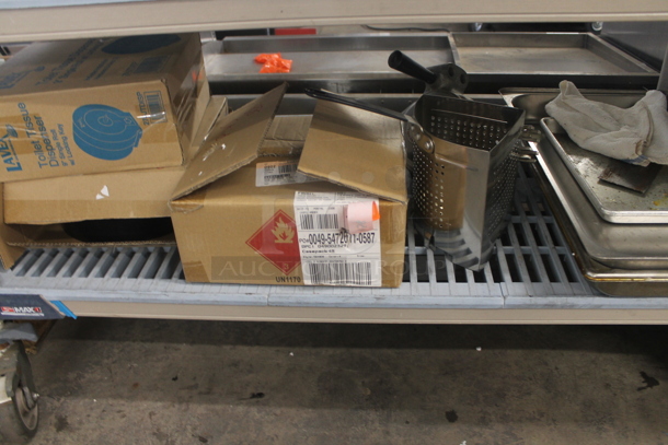 ALL ONE MONEY! Lot of Booster Seats, Ice Scoopers, Glass Carafes, Box of Plastic Handwoven Round Baskets, Drink Pitcher, Round Steel Plates, Creamer Servers With Lids, Hand Sanitizer, Box of Anti-Bacterial, Drinking Glasses, Toilet Tissue Dispenser, Menu Board, Baking Sheets AND MORE! Does Not Include Metro Shelf. - Image 9 of 12