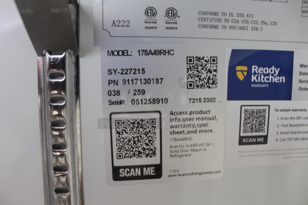 BRAND NEW SCRATCH AND DENT! Avantco 178A49RHC Commercial Stainless Steel Two-Door Reach-In Cooler With Shelving On Commercial Casters. 115V. Tested and Working! - Image 8 of 10