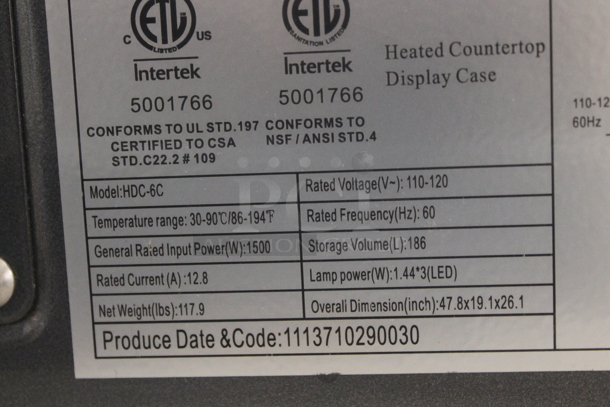 BRAND NEW SCRATCH AND DENT! KoolMore HDC-6C Commercial Stainless Steel Countertop Food Warmer Display Case Merchandiser with Stainless Steel Shelves, LED Lighting and Front Sliding Door. 110-120V. Tested and Working! - Image 6 of 6