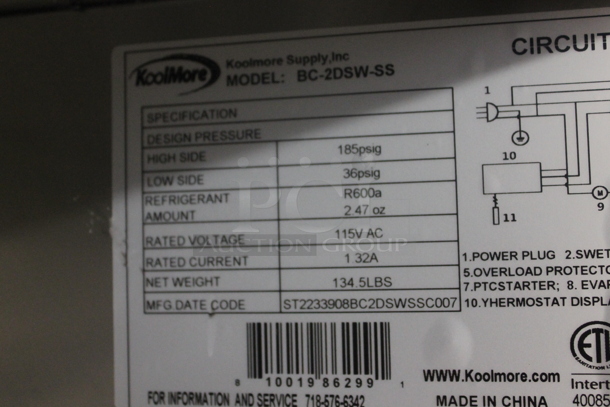 BRAND NEW SCRATCH AND DENT! KoolMore BC-2DSW-SS Commercial Stainless Steel 2-Glass Door Counter Height Back Bar Cooler with LED Lighting. 115V. Tested and Working! - Image 7 of 7
