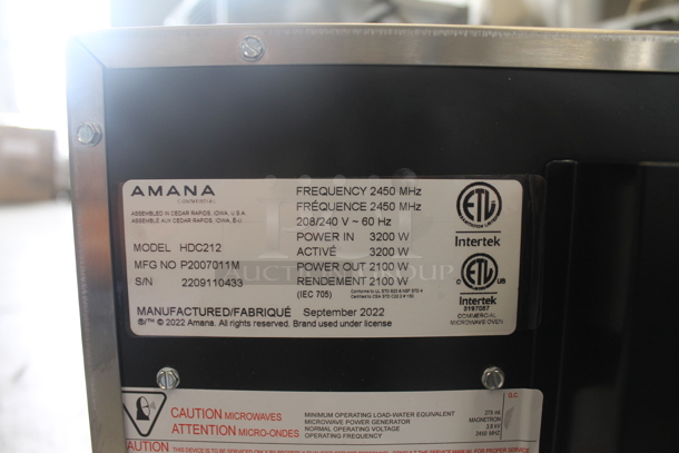 BRAND NEW SCRATCH AND DENT! 2022 Amana HDC212 Commercial Stainless Steel Electric Countertop Microwave With Touchpad. 208/240V.  - Image 7 of 9
