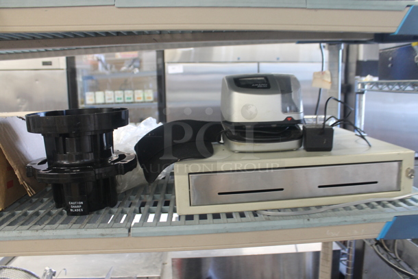 ALL ONE MONEY! Lot of Hand Sanitizer, Box Of Yellow Beverage Napkins, Knives, Cash Drawer, AND MORE! Does Not Include Metro Shelf. - Image 4 of 4