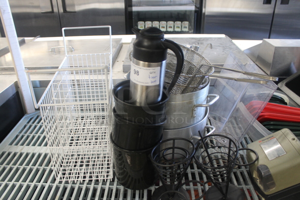 ALL ONE MONEY! Lot of Coffee Carafe, Aluminum Pots, Red And Green Plastic Lids, Plastic Napkin Dispenser, Boxed/Canned Goods, Black Buckets, White Baskets, Dual Temperature Heat Gun AND MORE. Does Not Include Metro Shelving. - Image 2 of 5