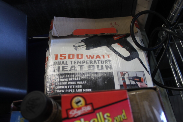 ALL ONE MONEY! Lot of Coffee Carafe, Aluminum Pots, Red And Green Plastic Lids, Plastic Napkin Dispenser, Boxed/Canned Goods, Black Buckets, White Baskets, Dual Temperature Heat Gun AND MORE. Does Not Include Metro Shelving. - Image 5 of 5