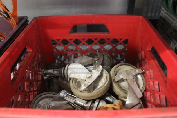 ALL ONE MONEY! Lot of Commercial Casters, Bin Of Legs, Band Saw Blades And Green Hose.  - Image 3 of 4