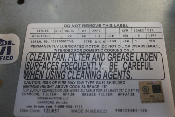 BRAND NEW SCRATCH AND DENT! Broan BCSD130SS Range Hood With Box. 120V.  - Image 4 of 5