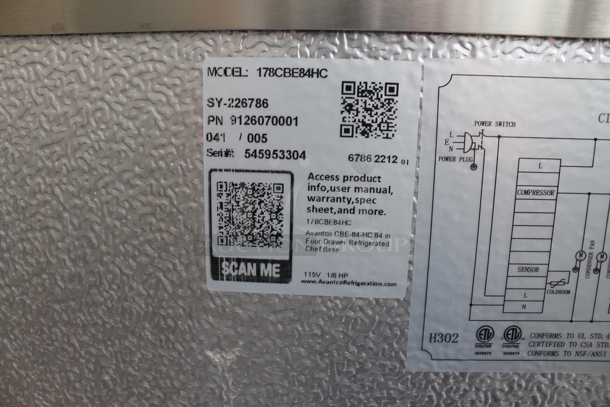 BRAND NEW SCRATCH AND DENT! Avantco 178CBE84HC Commercial Stainless Steel 4 Drawer Refrigerated Chef Base On Commercial Casters. 115V. Tested and Powers On But Does Not Get Cold - Image 6 of 8