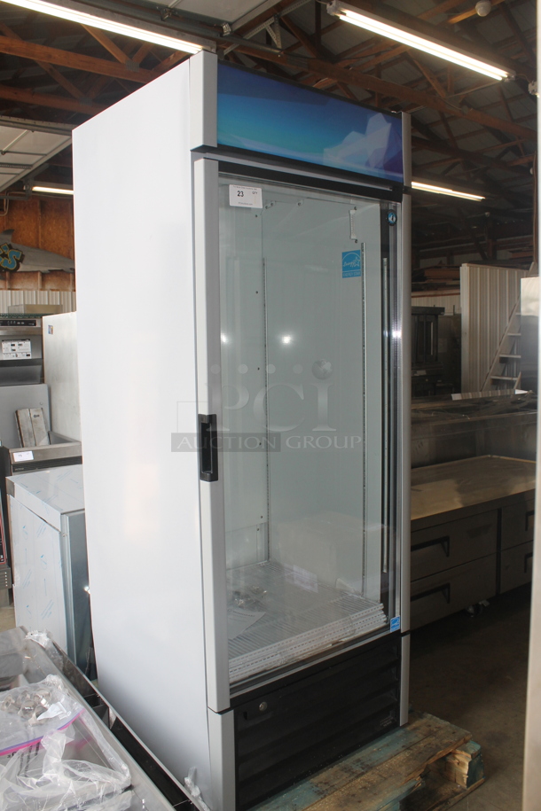 BRAND NEW SCRATCH AND DENT! 2022 Hoshizaki RM-28-HC Commercial White Single Glass Door Merchandiser Cooler With Polycoated Shelves.  115V, 1 Phase. Tested and Working! - Image 1 of 10