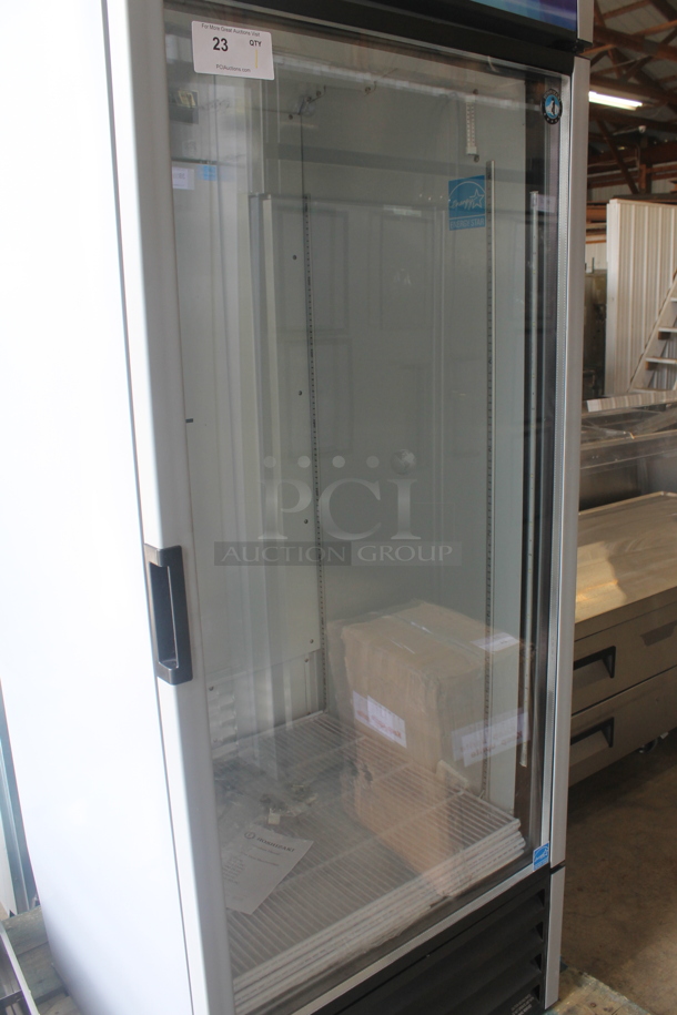 BRAND NEW SCRATCH AND DENT! 2022 Hoshizaki RM-28-HC Commercial White Single Glass Door Merchandiser Cooler With Polycoated Shelves.  115V, 1 Phase. Tested and Working! - Image 3 of 10