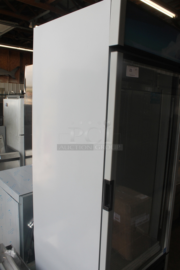 BRAND NEW SCRATCH AND DENT! 2022 Hoshizaki RM-28-HC Commercial White Single Glass Door Merchandiser Cooler With Polycoated Shelves.  115V, 1 Phase. Tested and Working! - Image 5 of 10