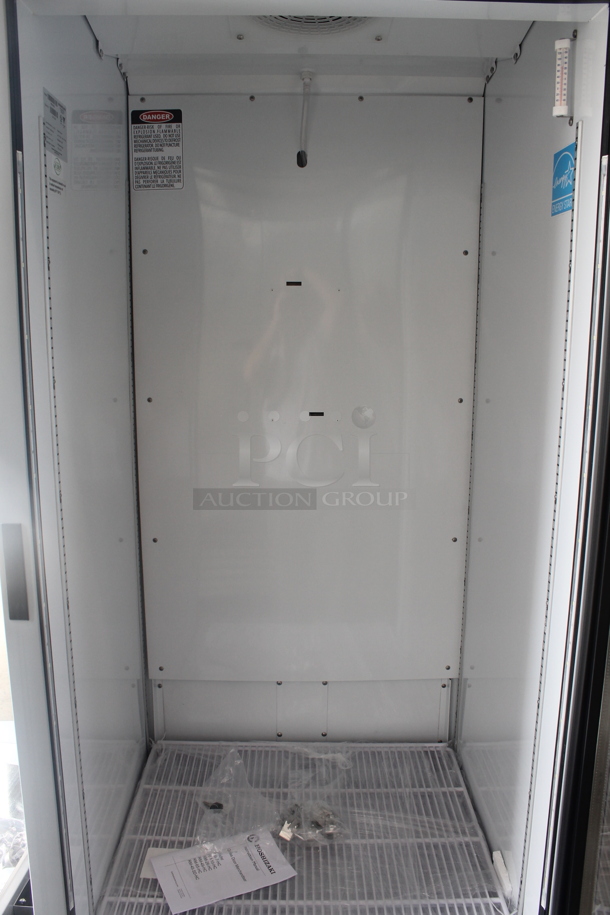 BRAND NEW SCRATCH AND DENT! 2022 Hoshizaki RM-28-HC Commercial White Single Glass Door Merchandiser Cooler With Polycoated Shelves.  115V, 1 Phase. Tested and Working! - Image 7 of 10