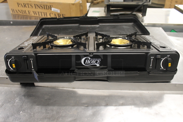 BRAND NEW SCRATCH AND DENT! Choice Butane High-Performance Black Countertop Range/Portable Stove With Double Brass Burners In Case. 15,000 BTU.  - Image 1 of 5