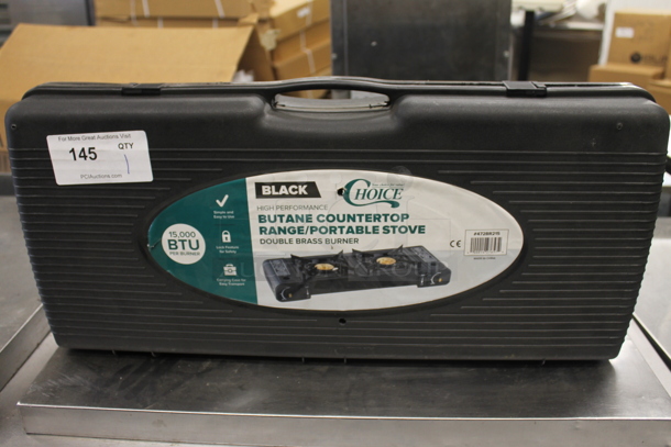BRAND NEW SCRATCH AND DENT! Choice Butane High-Performance Black Countertop Range/Portable Stove With Double Brass Burners In Case. 15,000 BTU.  - Image 4 of 5